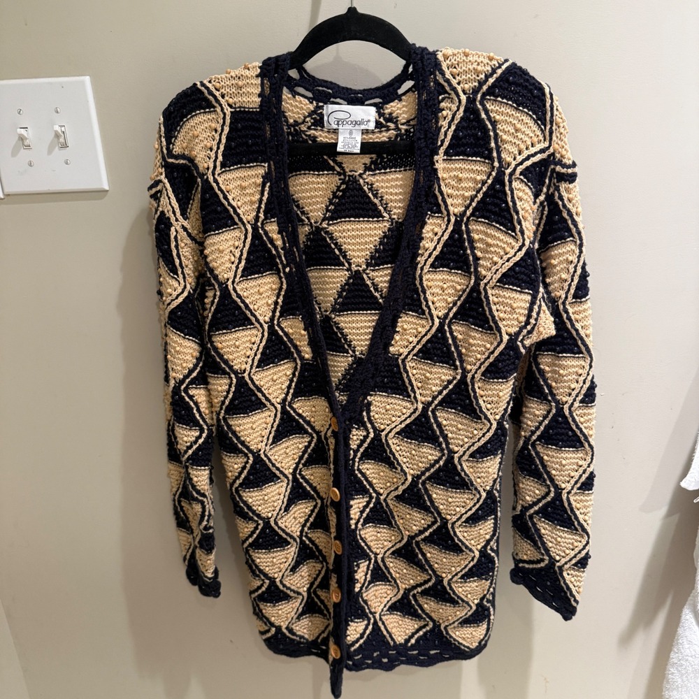 Pappagallo Vintage Geometric Beaded Cardigan Sweater Navy Tan Ramie Cotton Small